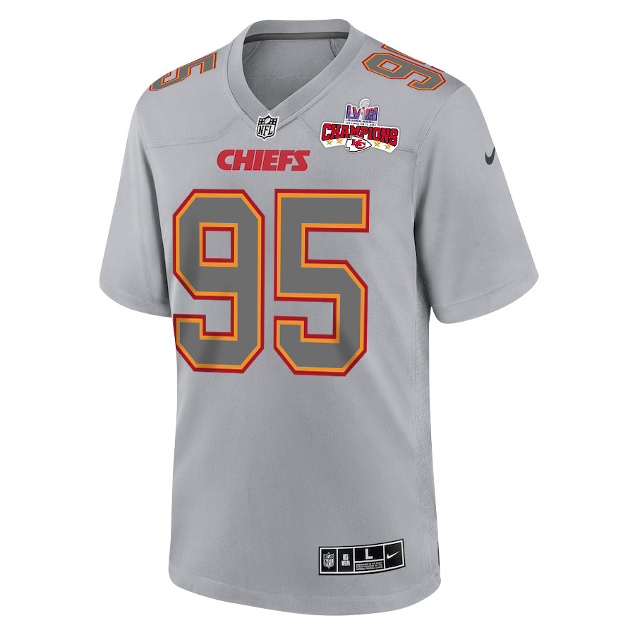 Chris Jones 95 Kansas City Chiefs Super Bowl LVIII Champions 4 Stars Patch Atmosphere Fashion Game Men Jersey - Gray JS9545 nicesnker - Image 2