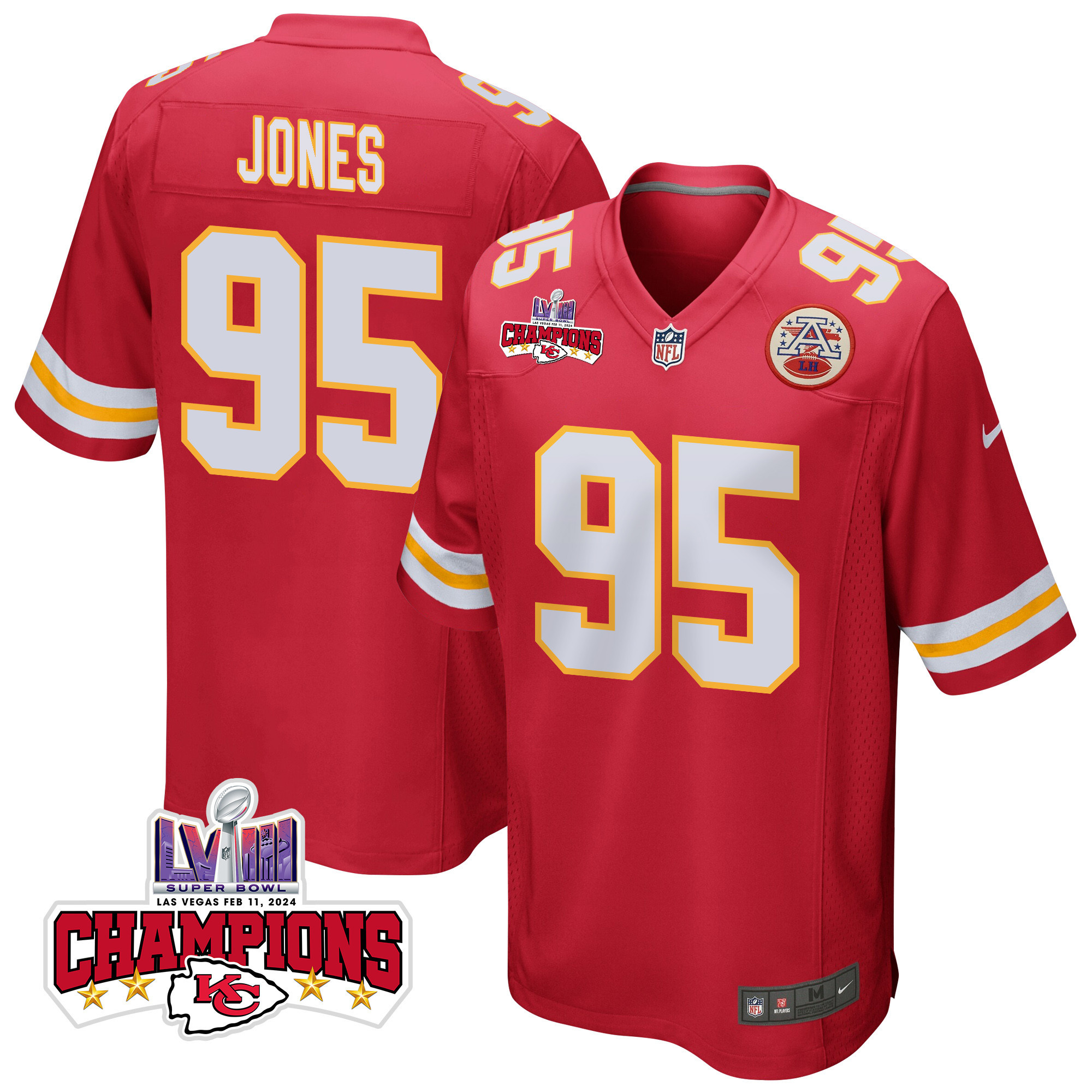 Chris Jones 95 Kansas City Chiefs Super Bowl LVIII Champions 4 Stars Patch Game Men Jersey - Red JS4877 nicesnker