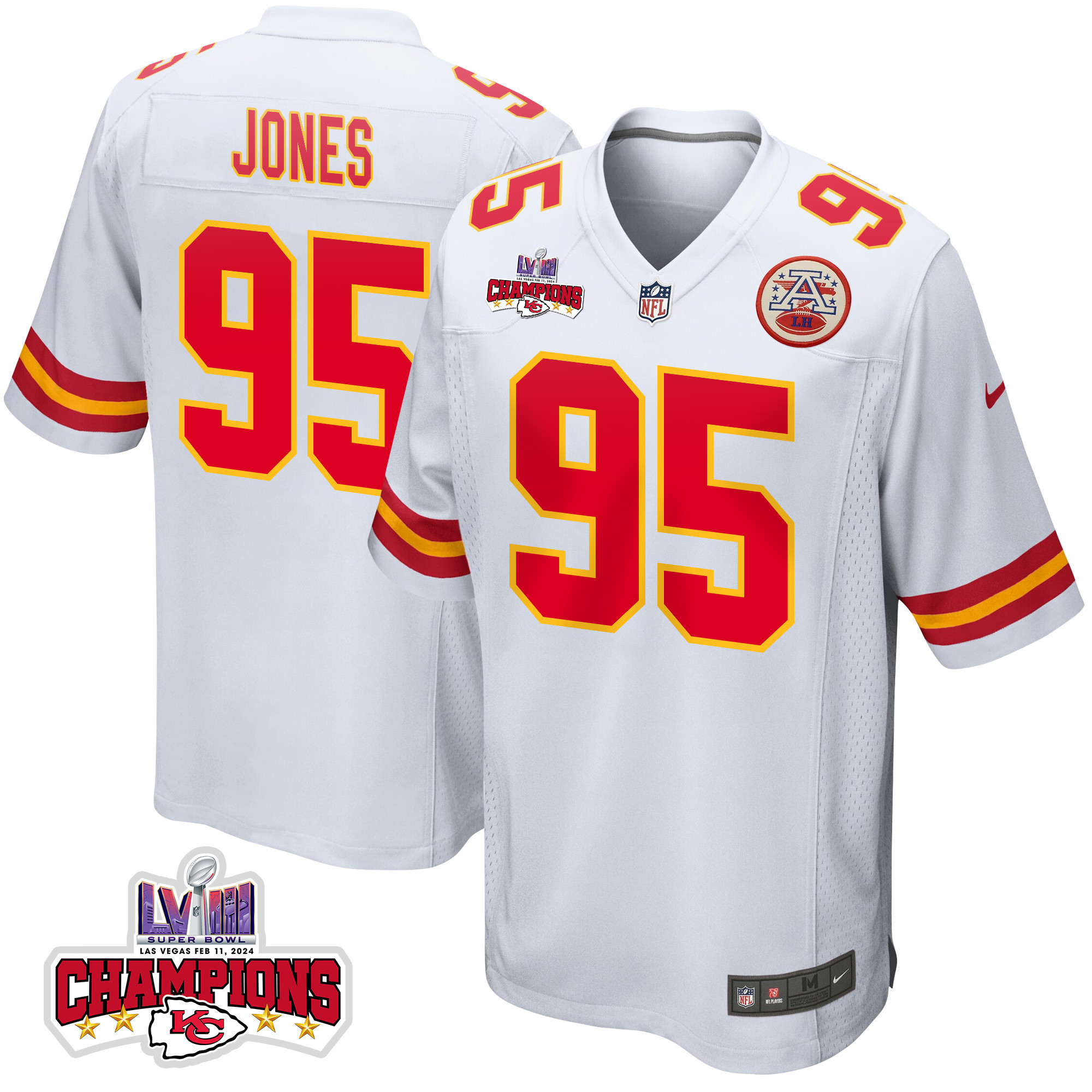Chris Jones 95 Kansas City Chiefs Super Bowl LVIII Champions 4 Stars Patch Game Men Jersey - White JS6487 nicesnker