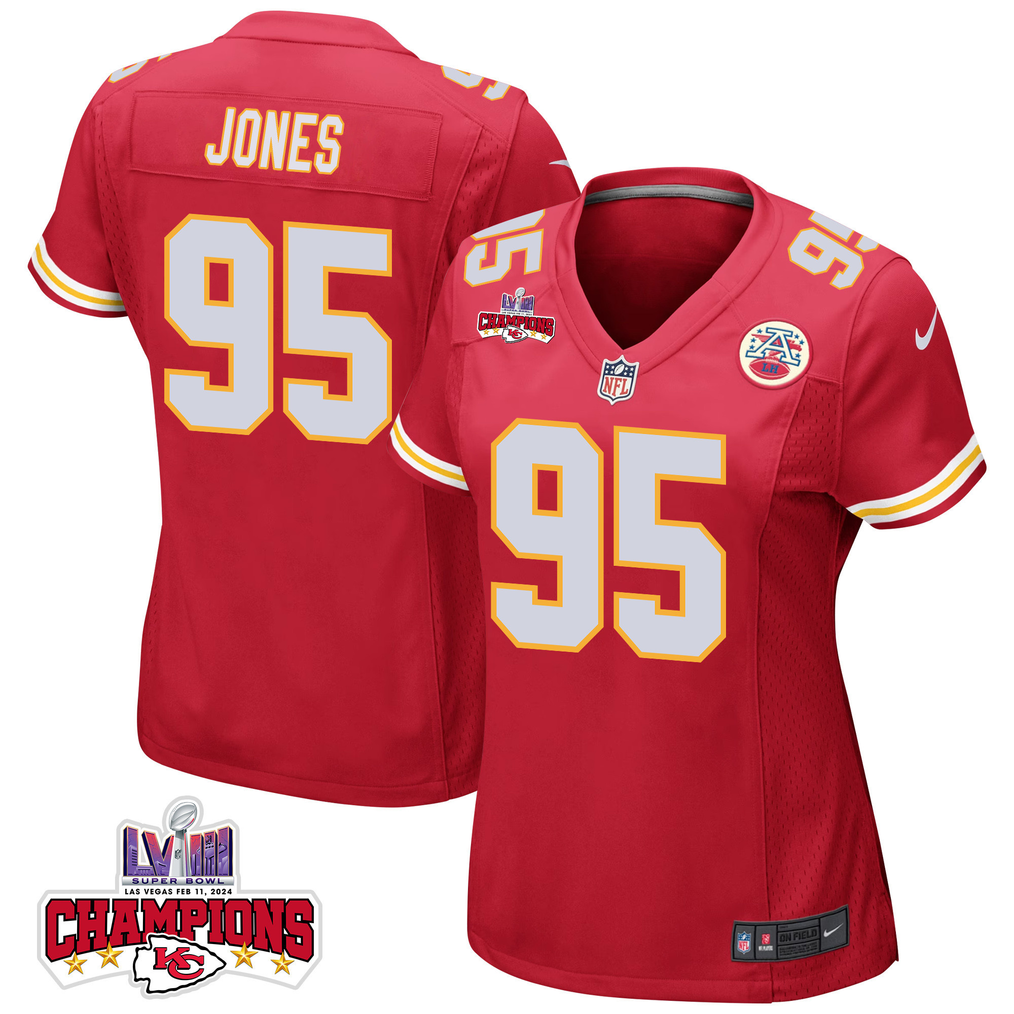 Chris Jones 95 Kansas City Chiefs Super Bowl LVIII Champions 4 Stars Patch Game Women Jersey - Red JS2813 nicesnker