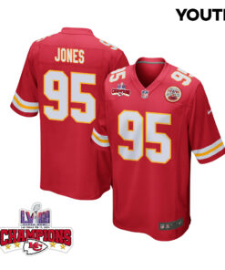 Chris Jones 95 Kansas City Chiefs Super Bowl LVIII Champions 4 Stars Patch Game YOUTH Jersey - Red JS1309 nicesnker