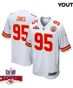 Chris Jones 95 Kansas City Chiefs Super Bowl LVIII Champions 4 Stars Patch Game YOUTH Jersey - White JS1717 nicesnker