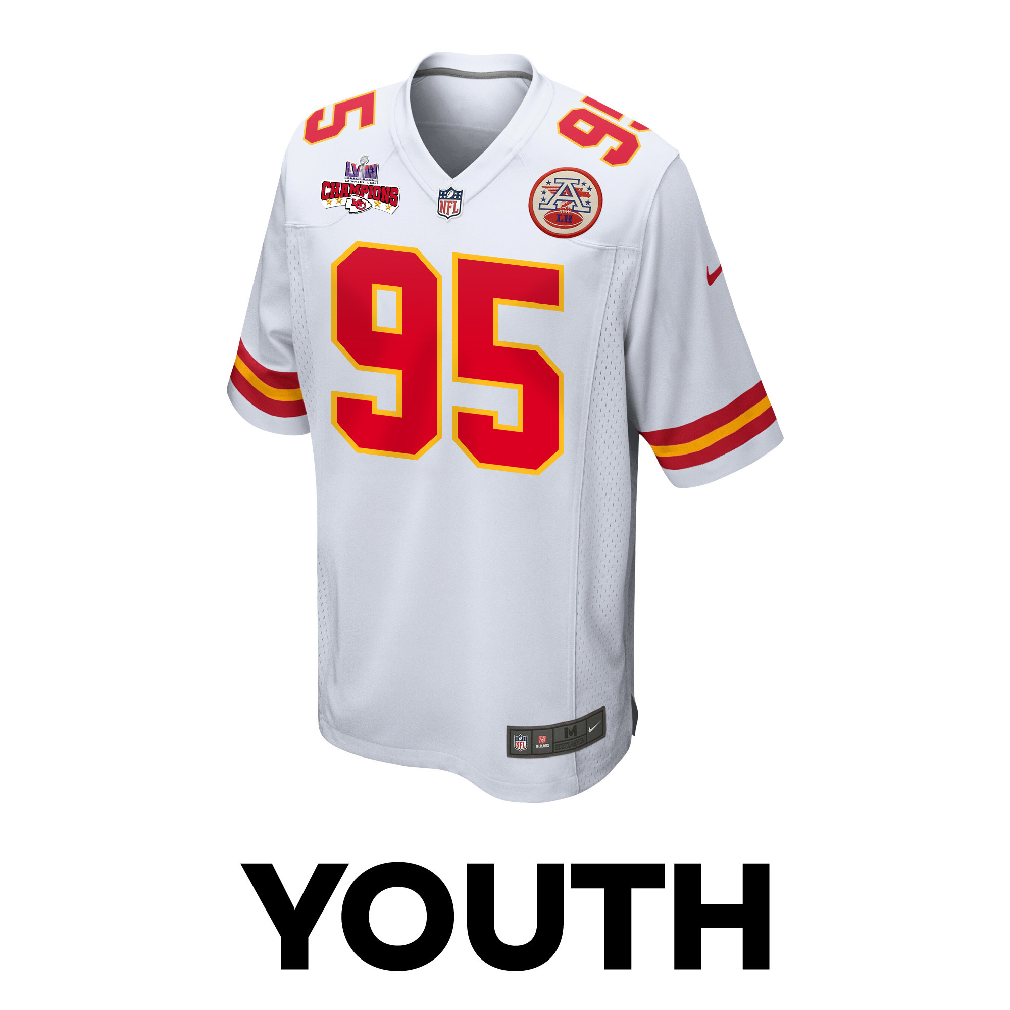Chris Jones 95 Kansas City Chiefs Super Bowl LVIII Champions 4 Stars Patch Game YOUTH Jersey - White JS1717 nicesnker - Image 2