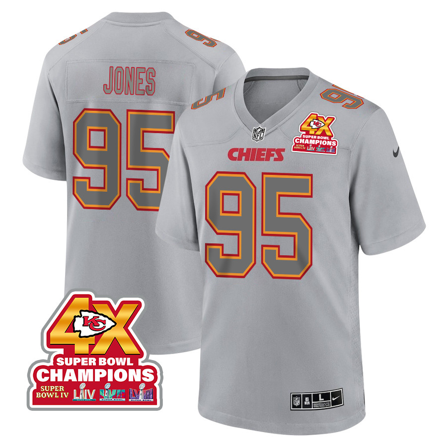 Chris Jones 95 Kansas City Chiefs Super Bowl LVIII Champions 4X Atmosphere Fashion Game Men Jersey - Gray JS7088 nicesnker