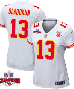 Chris Oladokun 13 Kansas City Chiefs Super Bowl LVIII Champions 4 Stars Patch Game Women Jersey - White JS5747 nicesnker