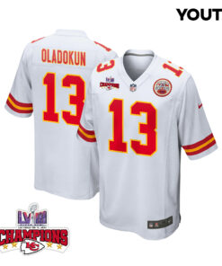 Chris Oladokun 13 Kansas City Chiefs Super Bowl LVIII Champions 4 Stars Patch Game YOUTH Jersey - White JS3295 nicesnker