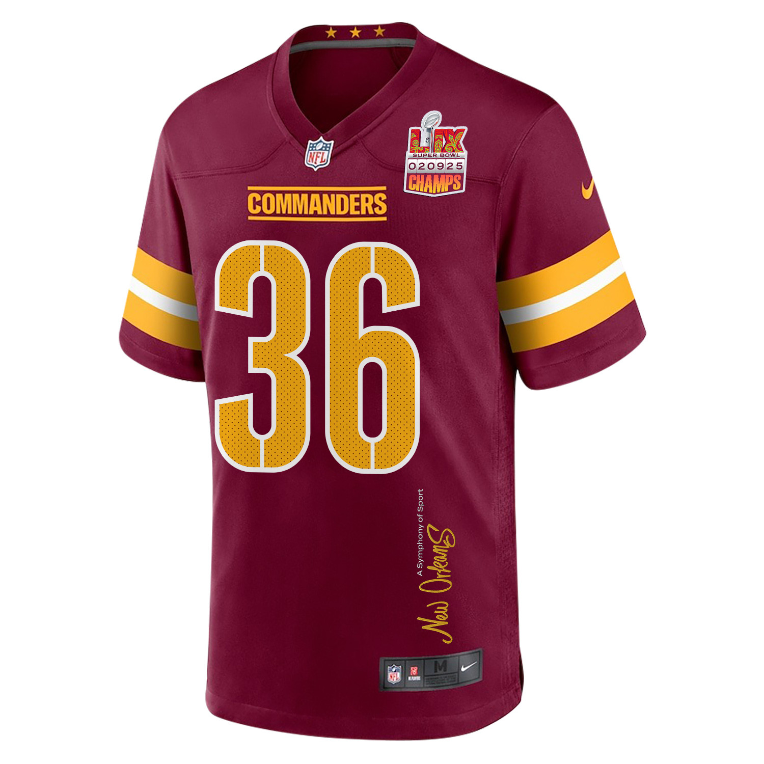 Chris Rodriguez Jr. 36 Washington Commanders Super Bowl LIX Champions Patch 'New Orleans - A Symphony of Sport' EMBROIDERED Game Men Jersey - Burgundy JS2919 nicesnker - Image 3