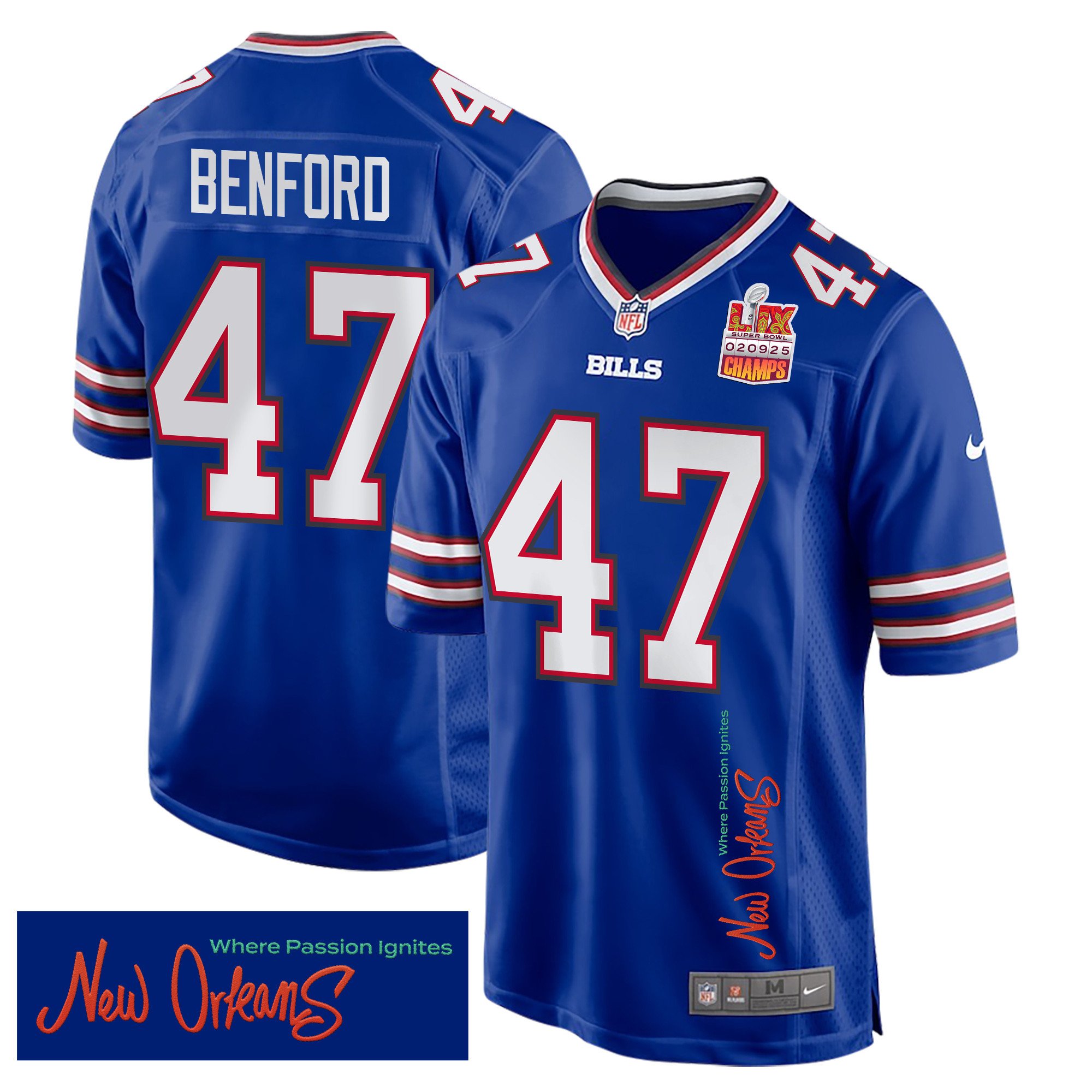 Christian Benford 47 Buffalo Bills Super Bowl LIX Champions Patch 'New Orleans - Where Passion Ignites' EMBROIDERED Game Men Jersey - Royal JS6988 nicesnker