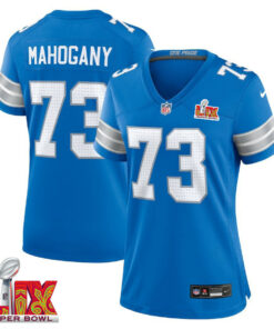 Christian Mahogany #73 Detroit Lions Super Bowl LIX Women's Jersey - Blue JS1339 nicesnker