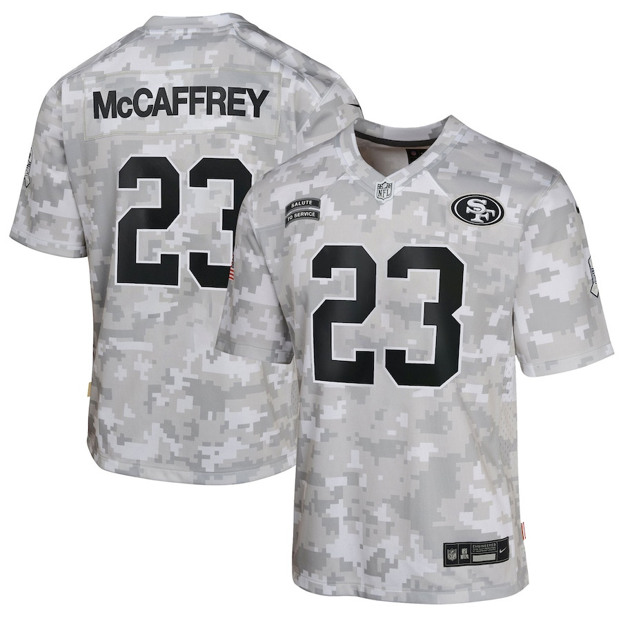 Christian McCaffrey 23 San Francisco 49ers 2024 Salute to Service Game YOUTH Jersey - Arctic Camo JS8325 nicesnker