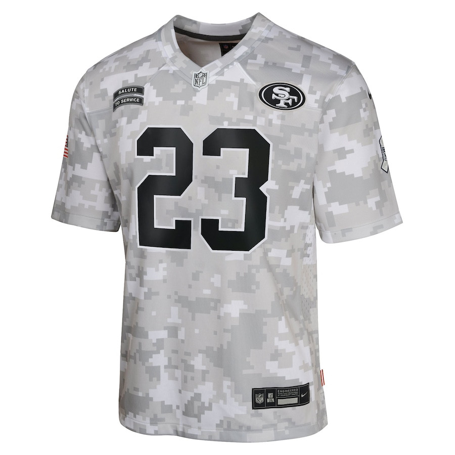 Christian McCaffrey 23 San Francisco 49ers 2024 Salute to Service Game YOUTH Jersey - Arctic Camo JS8325 nicesnker - Image 2