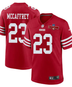 Christian McCaffrey 23 San Francisco 49ers NFC Champions Patch Game Men Jersey - Scarlet JS4415 nicesnker