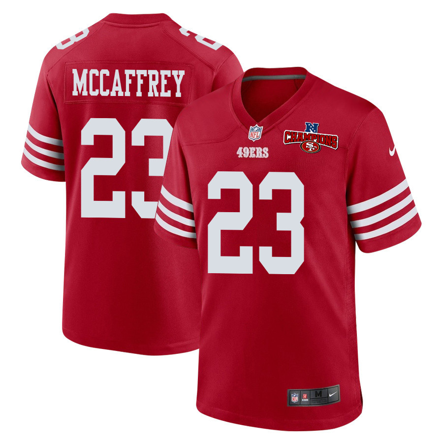Christian McCaffrey 23 San Francisco 49ers NFC Champions Patch Game Men Jersey - Scarlet JS4415 nicesnker