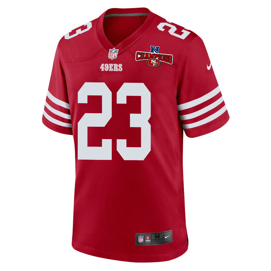Christian McCaffrey 23 San Francisco 49ers NFC Champions Patch Game Men Jersey - Scarlet JS4415 nicesnker - Image 2