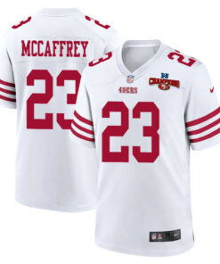 Christian McCaffrey 23 San Francisco 49ers NFC Champions Patch Game Men Jersey - White JS7750 nicesnker