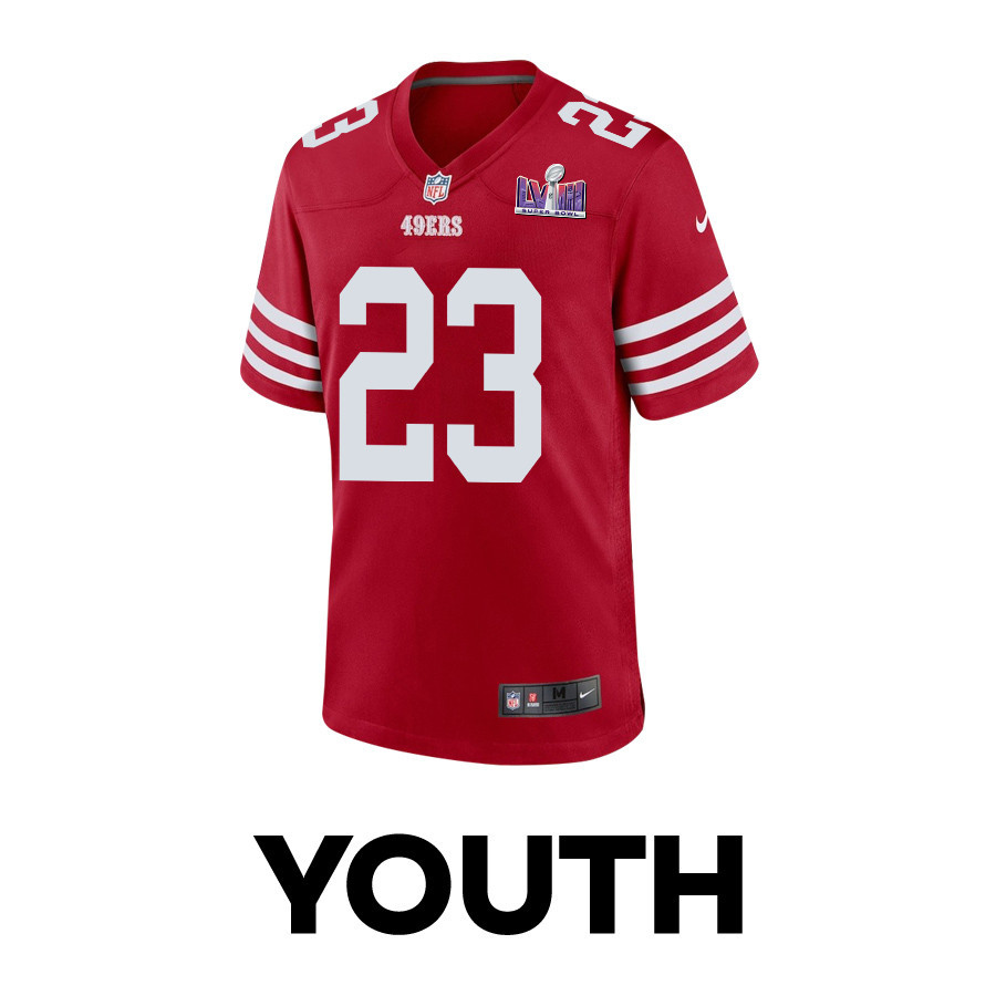 Christian McCaffrey 23 San Francisco 49ers Super Bowl LVIII Patch Game YOUTH Jersey - Scarlet JS2332 nicesnker - Image 2