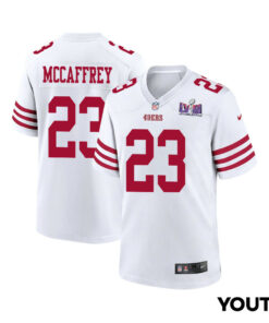 Christian McCaffrey 23 San Francisco 49ers Super Bowl LVIII Patch Game YOUTH Jersey - White JS3254 nicesnker