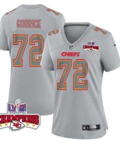 Chukwuebuka Godrick 72 Kansas City Chiefs Super Bowl LVIII Champions 4 Stars Patch Atmosphere Fashion Game Women Jersey - Gray JS7559 nicesnker