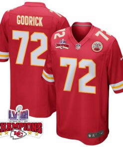 Chukwuebuka Godrick 72 Kansas City Chiefs Super Bowl LVIII Champions 4 Stars Patch Game Men Jersey - Red JS1923 nicesnker