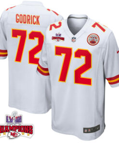 Chukwuebuka Godrick 72 Kansas City Chiefs Super Bowl LVIII Champions 4 Stars Patch Game Men Jersey - White JS8142 nicesnker