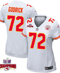 Chukwuebuka Godrick 72 Kansas City Chiefs Super Bowl LVIII Champions 4 Stars Patch Game Women Jersey - White JS7871 nicesnker