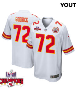 Chukwuebuka Godrick 72 Kansas City Chiefs Super Bowl LVIII Champions 4 Stars Patch Game YOUTH Jersey - White JS3959 nicesnker