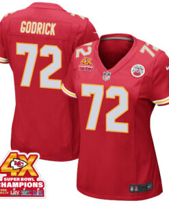 Chukwuebuka Godrick 72 Kansas City Chiefs Super Bowl LVIII Champions 4X Game Women Jersey - Red JS4658 nicesnker