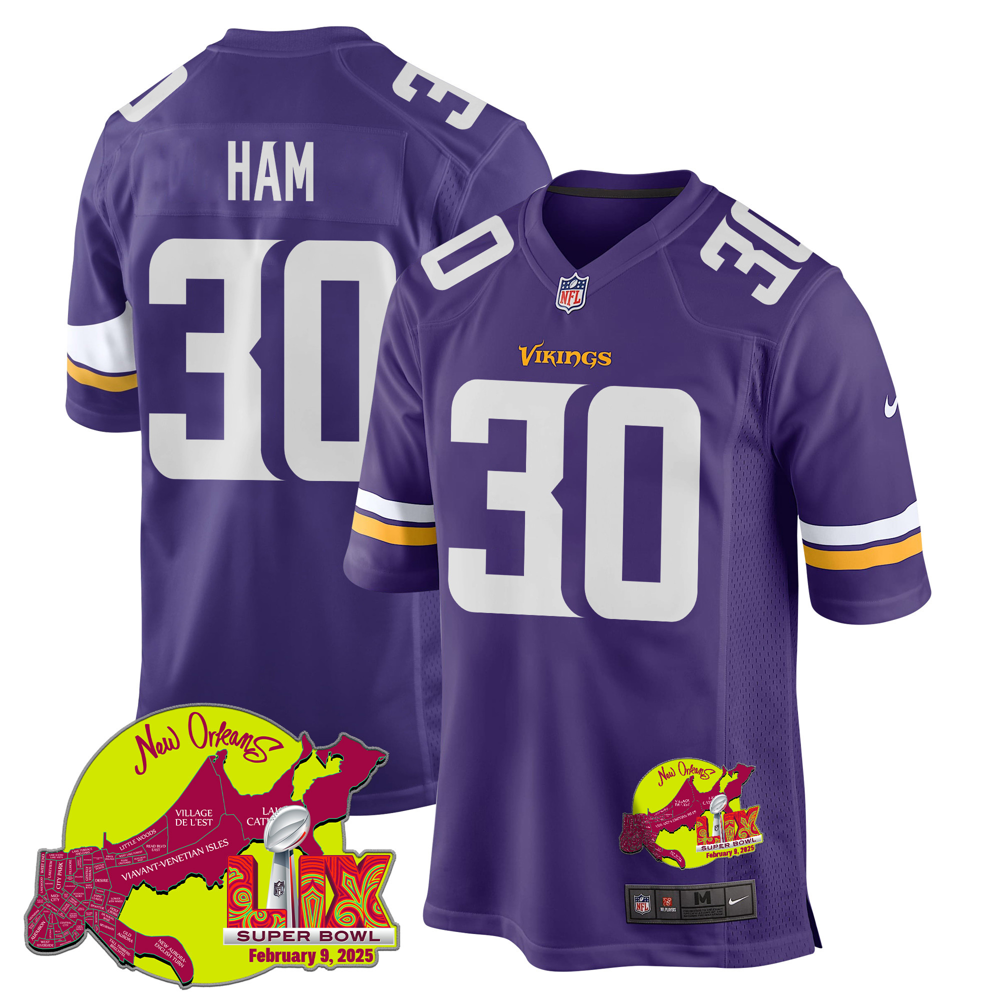 C.J. Ham 30 Minnesota Vikings Super Bowl LIX New Orleans Patch Game Men Jersey - Purple JS6238 nicesnker