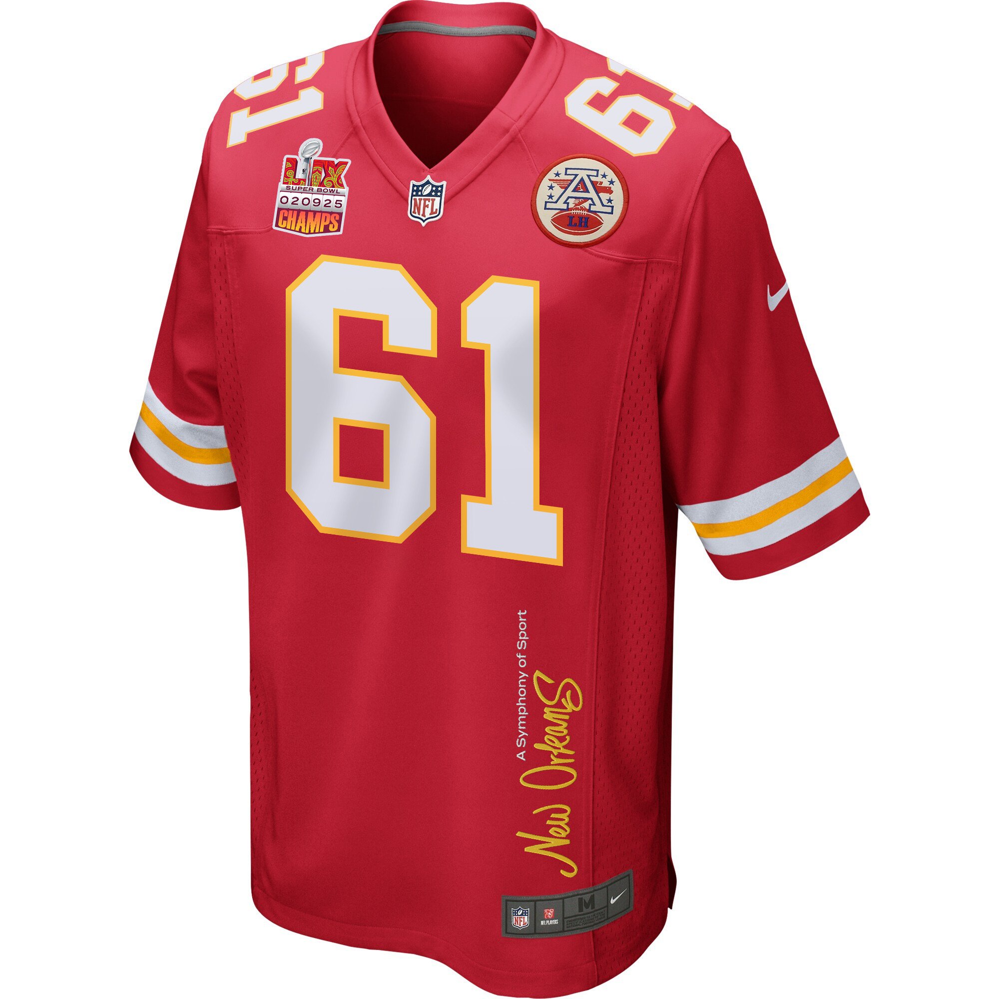 C.J. Hanson 61 Kansas City Chiefs Super Bowl LIX Champions Patch 'New Orleans - A Symphony of Sport' EMBROIDERED Game Men Jersey - Red JS3671 nicesnker - Image 3