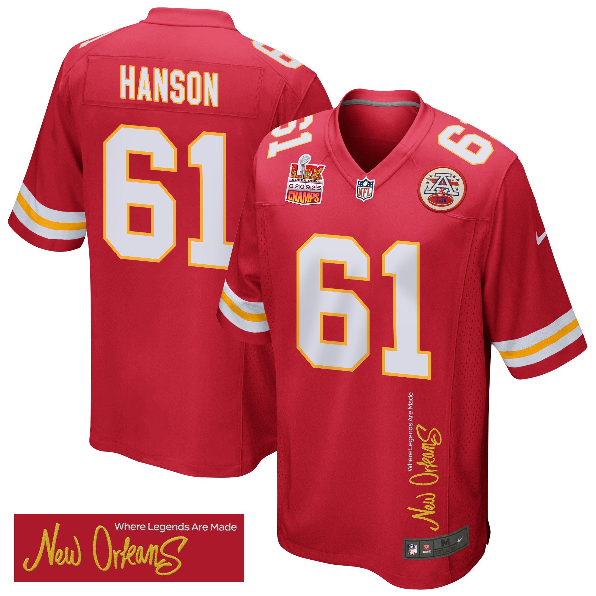 C.J. Hanson 61 Kansas City Chiefs Super Bowl LIX Champions Patch 'New Orleans - Where Legends Are Made' EMBROIDERED Game Men Jersey - Red JS1308 nicesnker