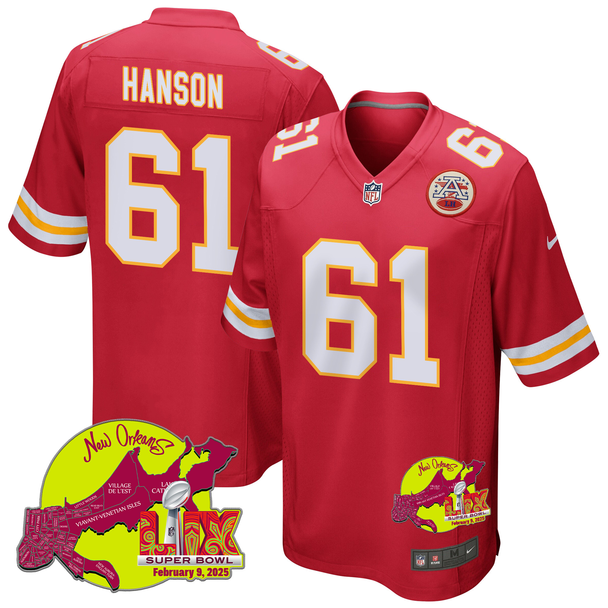 C.J. Hanson 61 Kansas City Chiefs Super Bowl LIX New Orleans Patch Game Men Jersey - Red JS9606 nicesnker