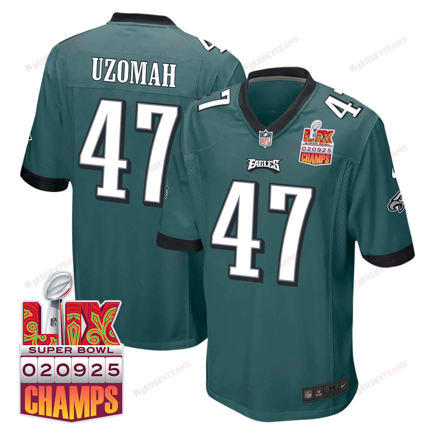 C.J. Uzomah 47 Philadelphia Eagles Super Bowl LIX Champions Patch Game Men Jersey - Midnight Green JS9118 nicesnker
