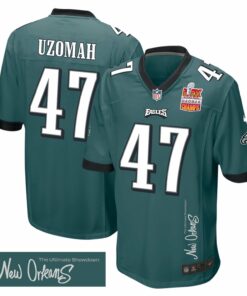 C.J. Uzomah 47 Philadelphia Eagles Super Bowl LIX Champions Patch 'New Orleans - The Ultimate Showdown' EMBROIDERED Game Men Jersey - Midnight Green JS5358 nicesnker