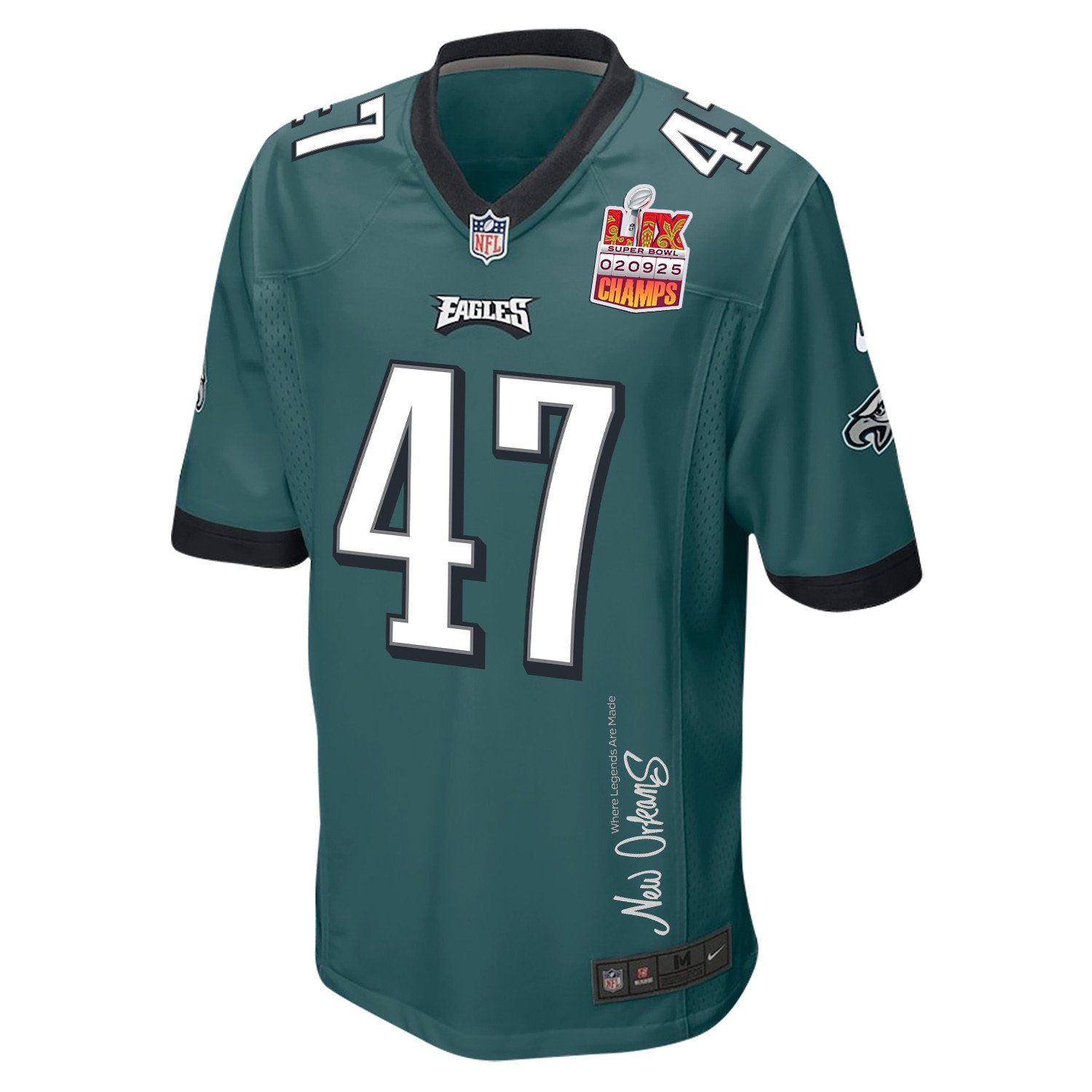 C.J. Uzomah 47 Philadelphia Eagles Super Bowl LIX Champions Patch 'New Orleans - Where Legends Are Made' EMBROIDERED Game Men Jersey - Midnight Green JS2438 nicesnker - Image 3