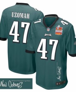 C.J. Uzomah 47 Philadelphia Eagles Super Bowl LIX Champions Patch 'New Orleans - Where Passion Ignites' EMBROIDERED Game Men Jersey - Midnight Green JS7970 nicesnker