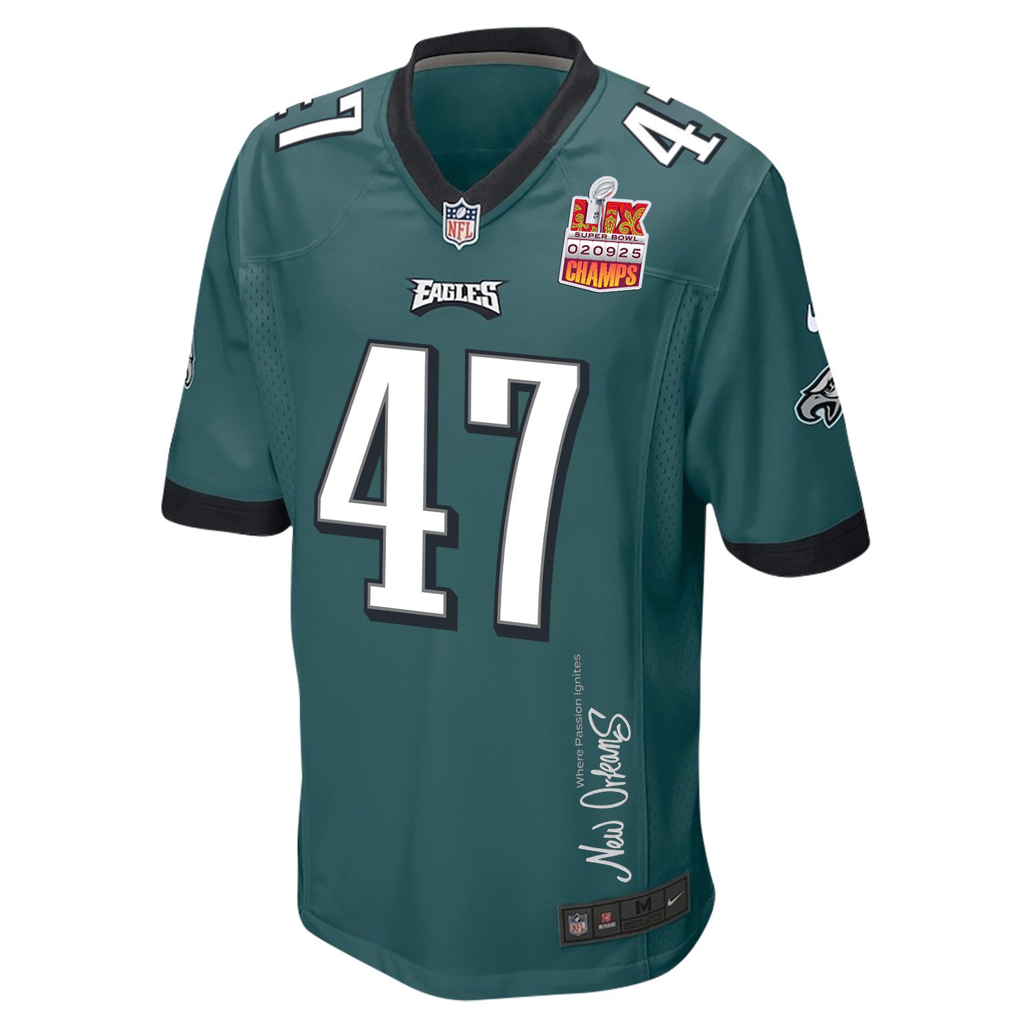 C.J. Uzomah 47 Philadelphia Eagles Super Bowl LIX Champions Patch 'New Orleans - Where Passion Ignites' EMBROIDERED Game Men Jersey - Midnight Green JS7970 nicesnker - Image 3