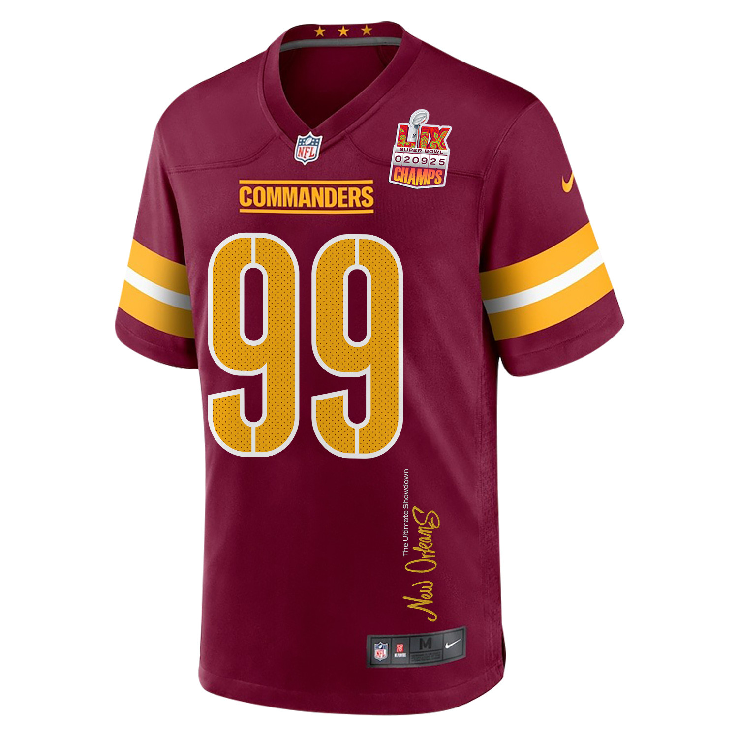 Clelin Ferrell 99 Washington Commanders Super Bowl LIX Champions Patch 'New Orleans - The Ultimate Showdown' EMBROIDERED Game Men Jersey - Burgundy JS6300 nicesnker - Image 3