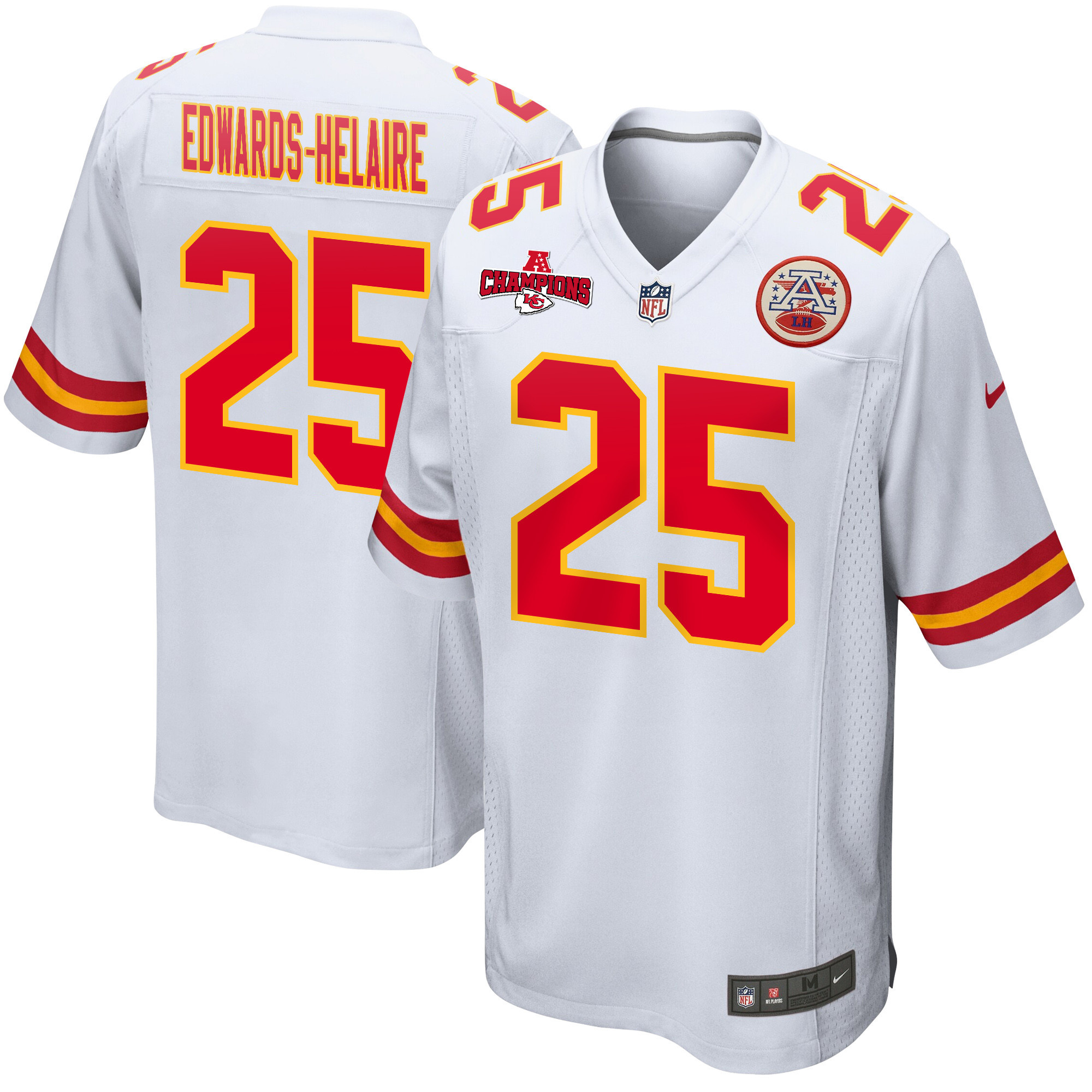 Clyde Edwards-Helaire 25 Kansas City Chiefs AFC Champions Patch Game Men Jersey - White JS6542 nicesnker