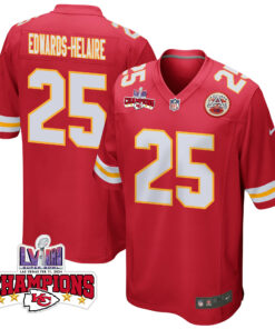 Clyde Edwards-Helaire 25 Kansas City Chiefs Super Bowl LVIII Champions 4 Stars Patch Game Men Jersey - Red JS8538 nicesnker