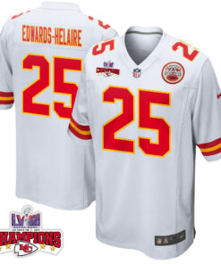 Clyde Edwards-Helaire 25 Kansas City Chiefs Super Bowl LVIII Champions 4 Stars Patch Game Men Jersey - White JS5863 nicesnker