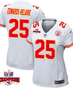 Clyde Edwards-Helaire 25 Kansas City Chiefs Super Bowl LVIII Champions 4 Stars Patch Game Women Jersey - White JS8579 nicesnker