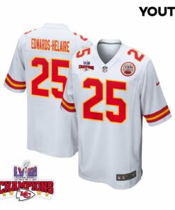 Clyde Edwards-Helaire 25 Kansas City Chiefs Super Bowl LVIII Champions 4 Stars Patch Game YOUTH Jersey - White JS2256 nicesnker