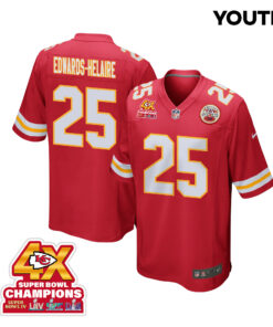 Clyde Edwards-Helaire 25 Kansas City Chiefs Super Bowl LVIII Champions 4X Game YOUTH Jersey - Red JS7580 nicesnker