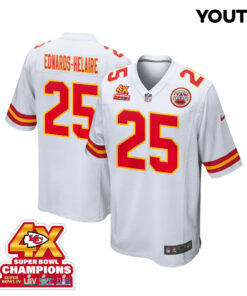 Clyde Edwards-Helaire 25 Kansas City Chiefs Super Bowl LVIII Champions 4X Game YOUTH Jersey - White JS4390 nicesnker
