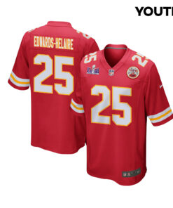 Clyde Edwards-Helaire 25 Kansas City Chiefs Super Bowl LVIII Patch Game YOUTH Jersey - Red JS7459 nicesnker