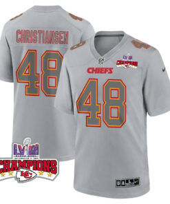 Cole Christiansen 48 Kansas City Chiefs Super Bowl LVIII Champions 4 Stars Patch Atmosphere Fashion Game Men Jersey - Gray JS8481 nicesnker