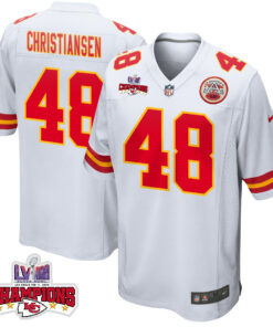 Cole Christiansen 48 Kansas City Chiefs Super Bowl LVIII Champions 4 Stars Patch Game Men Jersey - White JS1877 nicesnker
