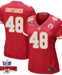 Cole Christiansen 48 Kansas City Chiefs Super Bowl LVIII Champions 4 Stars Patch Game Women Jersey - Red JS5702 nicesnker