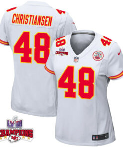 Cole Christiansen 48 Kansas City Chiefs Super Bowl LVIII Champions 4 Stars Patch Game Women Jersey - White JS4046 nicesnker