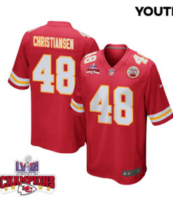 Cole Christiansen 48 Kansas City Chiefs Super Bowl LVIII Champions 4 Stars Patch Game YOUTH Jersey - Red JS2196 nicesnker